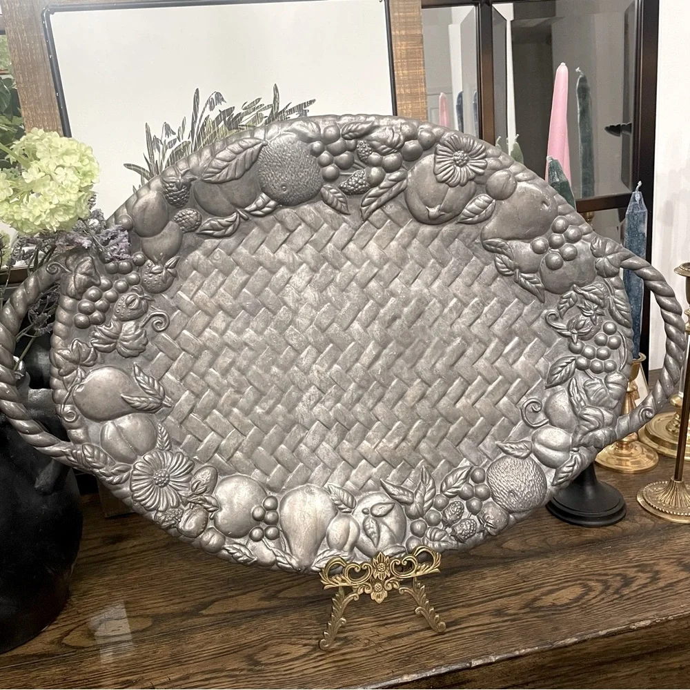 Lenox Metal Fruit Basket Weave Aluminum Serving Tray Large Tray 22